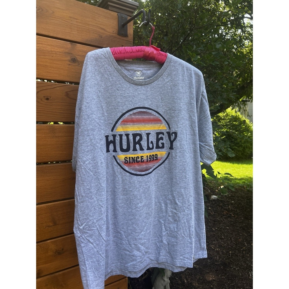 Hurley Mens XL Gray T-Shirt Retro Sunset Graphic Logo Surf Skate Tee EUC